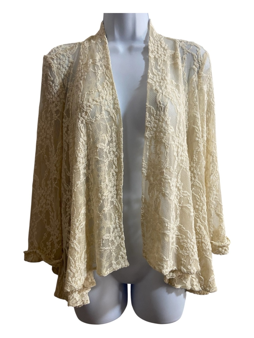 Dressbarn Open Front Floral Lace Cardigan Shrug Cream XL Fits Like S/M Vintage